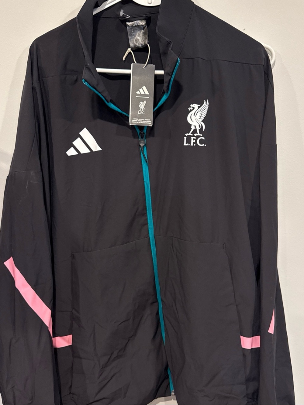 Liverpool FC men’s Black Track Jacket by Adidas - Black with Pink Trim
